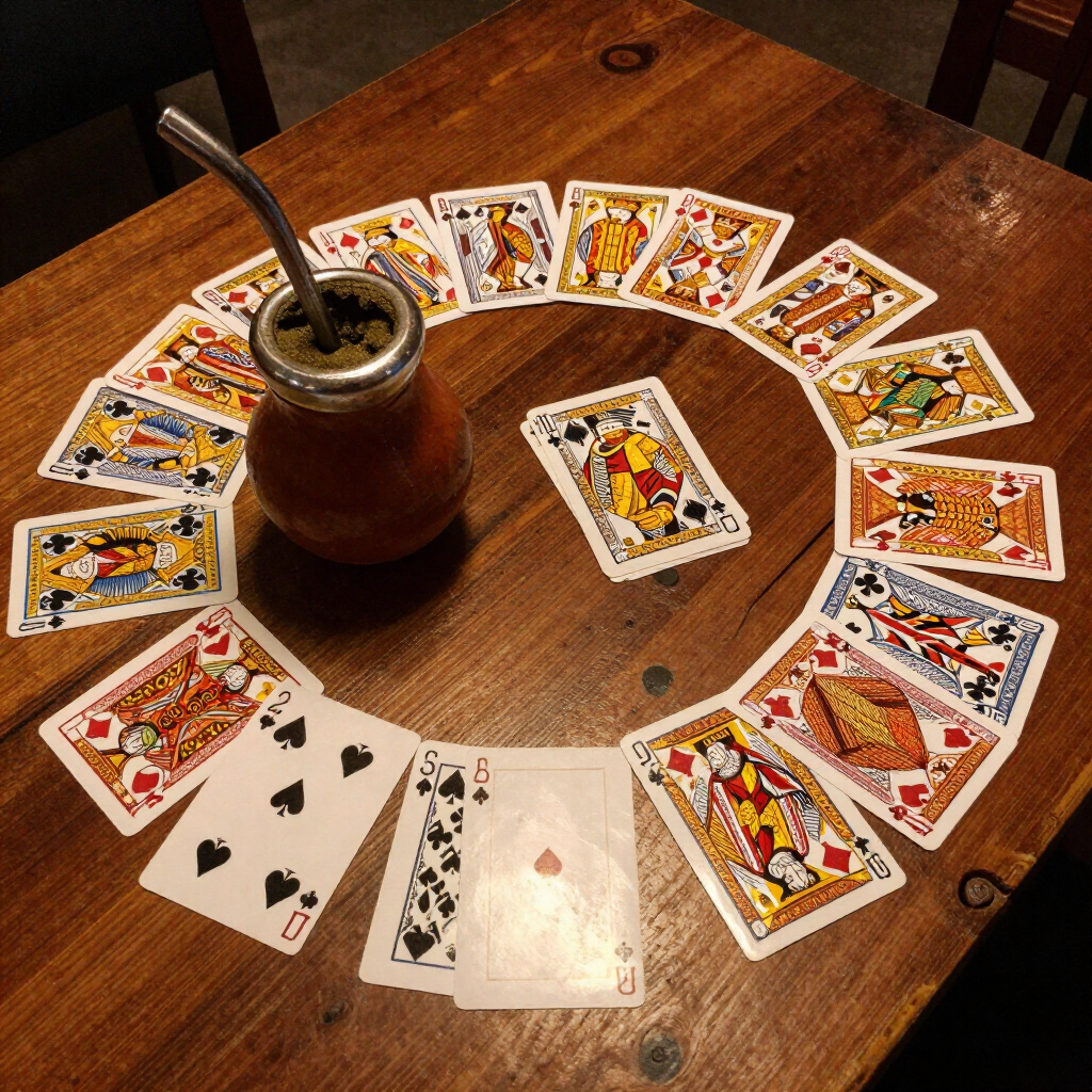 Mate y cartas españolas sobre mesa de madera