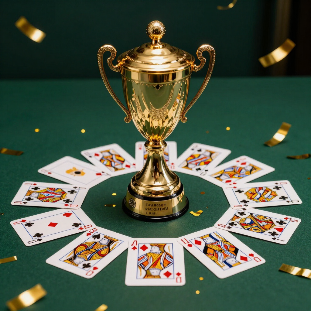 Trofeo dorado con cartas y confeti